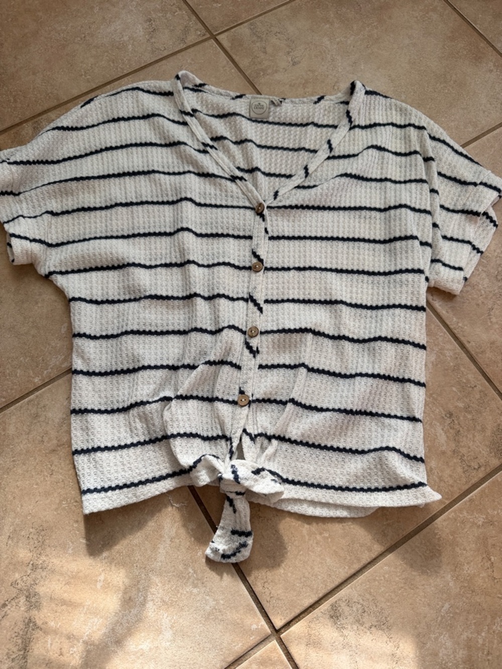 Paper Crane White and Navy Striped Button Tie Crop Top